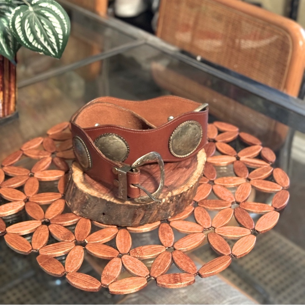 Vintage Moroccan Brown Leather Belt with Silver Large Concho Boho Accents 28.5" - Picture 9 of 16